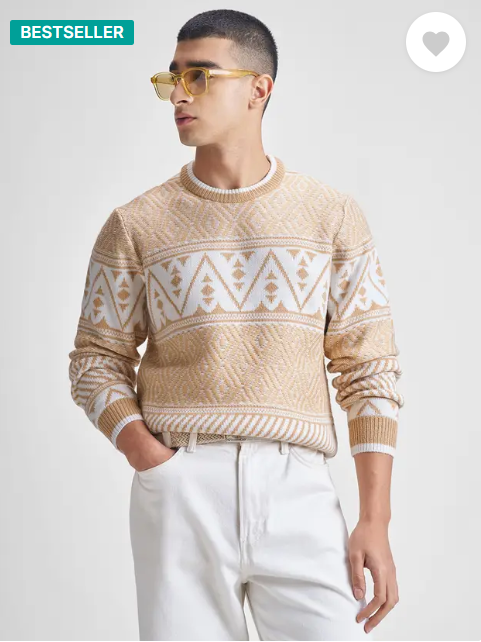 Men Solid Round Neck Beige Sweater
